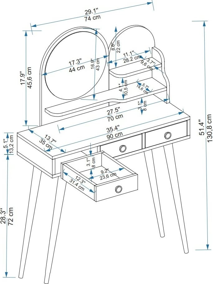 Tavolinë grimimi Hanah Home, ngjyrë Atlantic Pine, Ruges