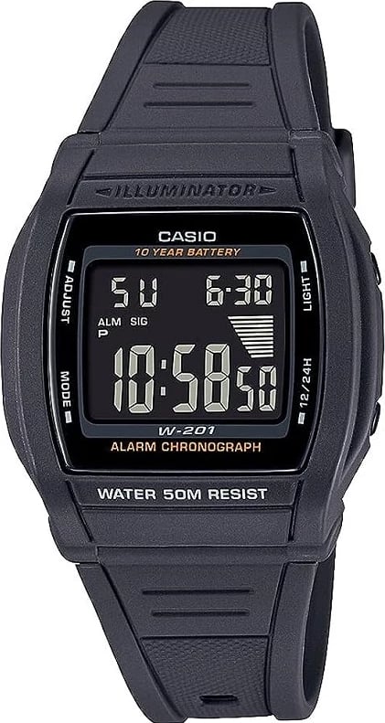 Orë dore CASIO W-201 unisex, e zezë