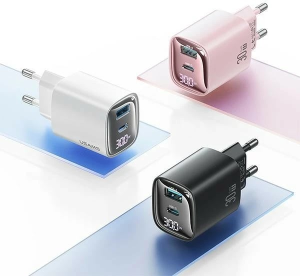 Karikues muri USAMS CC229, 30W, GaN, 1x USB + 1x USB-C, Ekran dixhital, i zi