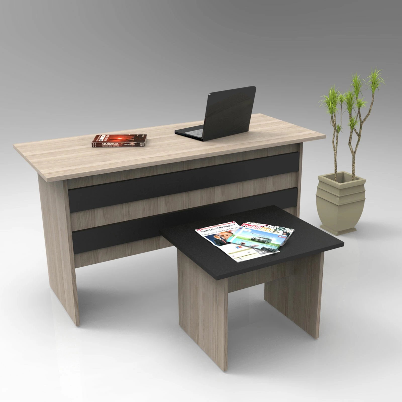 Set mobiljesh për zyre, ngjyrë lisi dhe e zezë, Skye Decor, Vo8-Ob