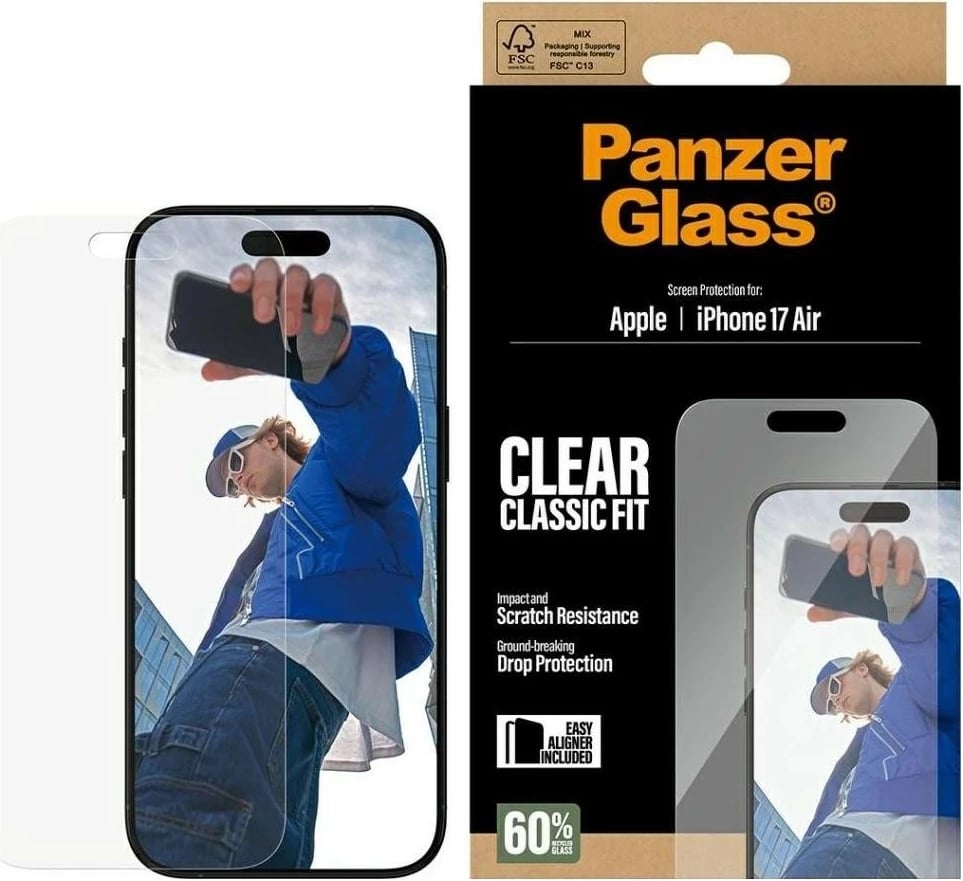 Mbështjellës xhami PanzerGlass Classic Fit EasyAligner për iPhone 17 Air, transparent