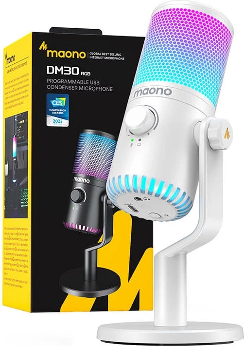 Mikrofon gaming Maono DM30RGB, kondensator, me ndriçim RGB, i bardhë