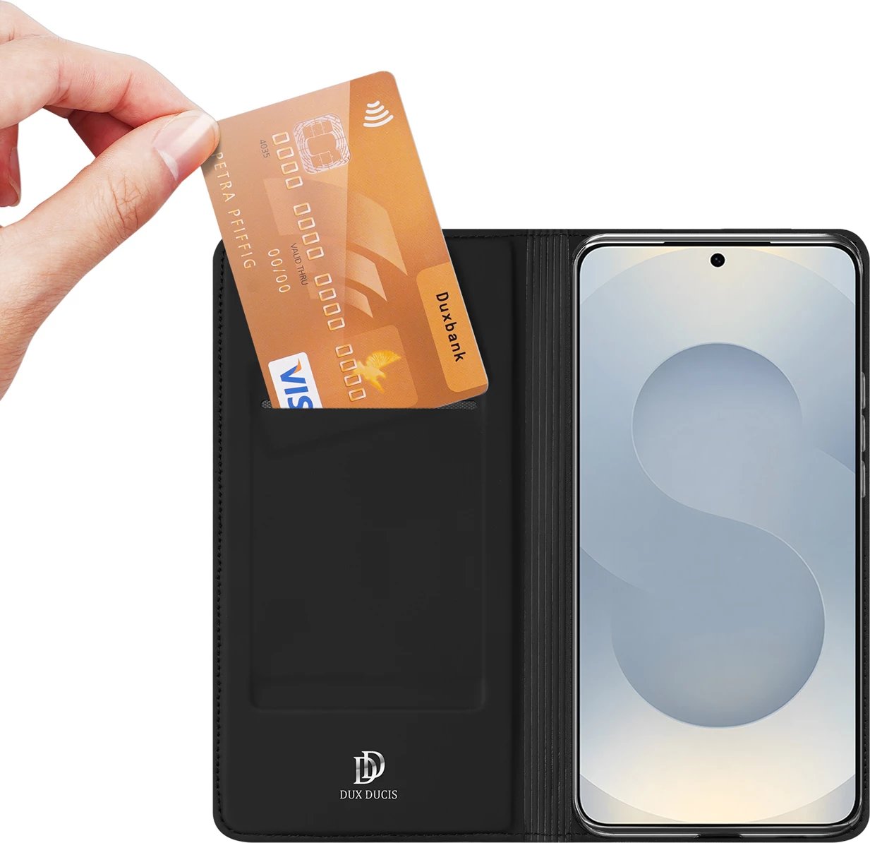 Mbështjellës Dux Ducis Skin Pro për Samsung Galaxy S25+, me xhep kartelash, i zi