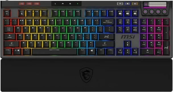 Tastierë MSI STRIKE PRO W SILENT US mekanike, tri-mode 2.4 GHz/Bluetooth/USB, RGB me tast për tast, hot-swap 5-pin, keycaps PBT, rrotë e mençur, bateri 4200 mAh, me mbështetëse kyçi, e zezë