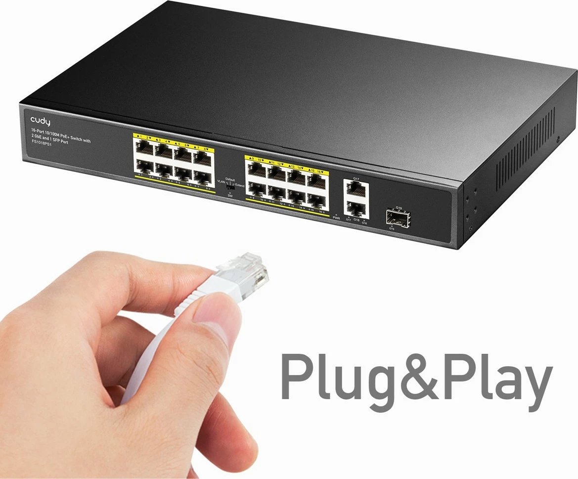 Switch Cudy FS1018PS1 16xFE PoE+ 200W, 2xGE uplink + 1xSFP, Unmanaged, Desktop