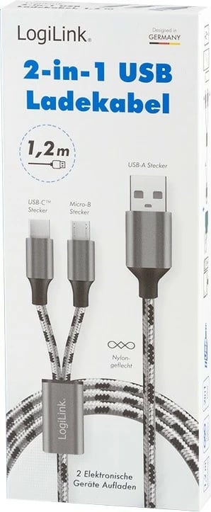 Kabllo 2-në-1 LogiLink CU0202, USB 2.0 A/M në Micro USB + USB-C, 1.2m, tekstil