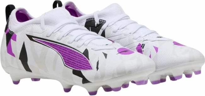 Çizme futbolli Puma për fëmijë, të bardha dhe vjollcë