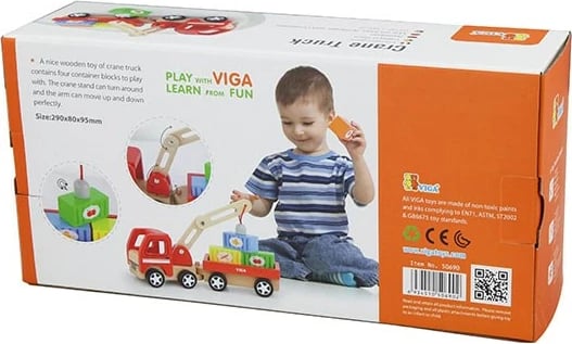 Lodër druri kamion me vinç magnetik, Viga, 4 kontejnerë magnetikë, 18+ muaj, multingjyrësh, set