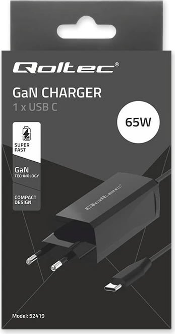 Karikues universal Qoltec 52419, 65W, GaN, USB-C 3.1, i zi