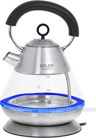Zierëse uji elektrike, Adler AD 1282, 1.5L, 1850–2200W, STRIX, LED blu, bazë 360°, qelq/çelik, inox