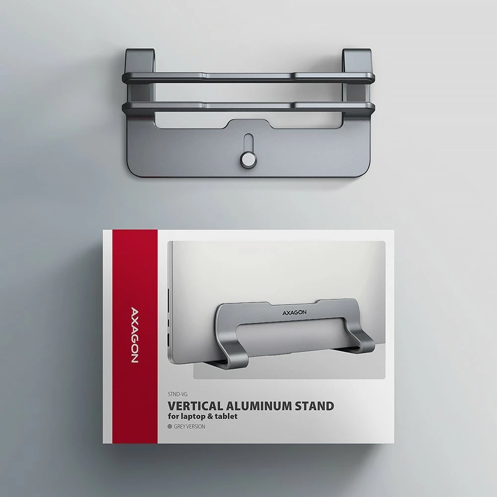 Mbajtës vertikal për laptop/tablet, AXAGON STND-VG, 10–17.3", alumini, gjerësi e rregullueshme 9.5–25.5 mm, gri