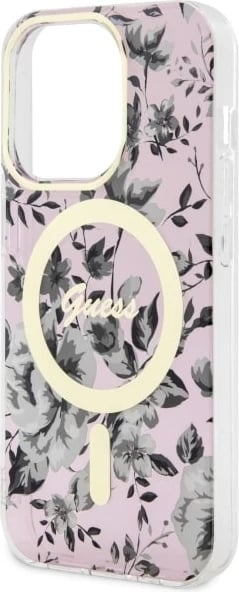 Mbështjellës Guess GUHMP14XHCFWSP për iPhone 14 Pro Max 6.7", Flower MagSafe, rozë