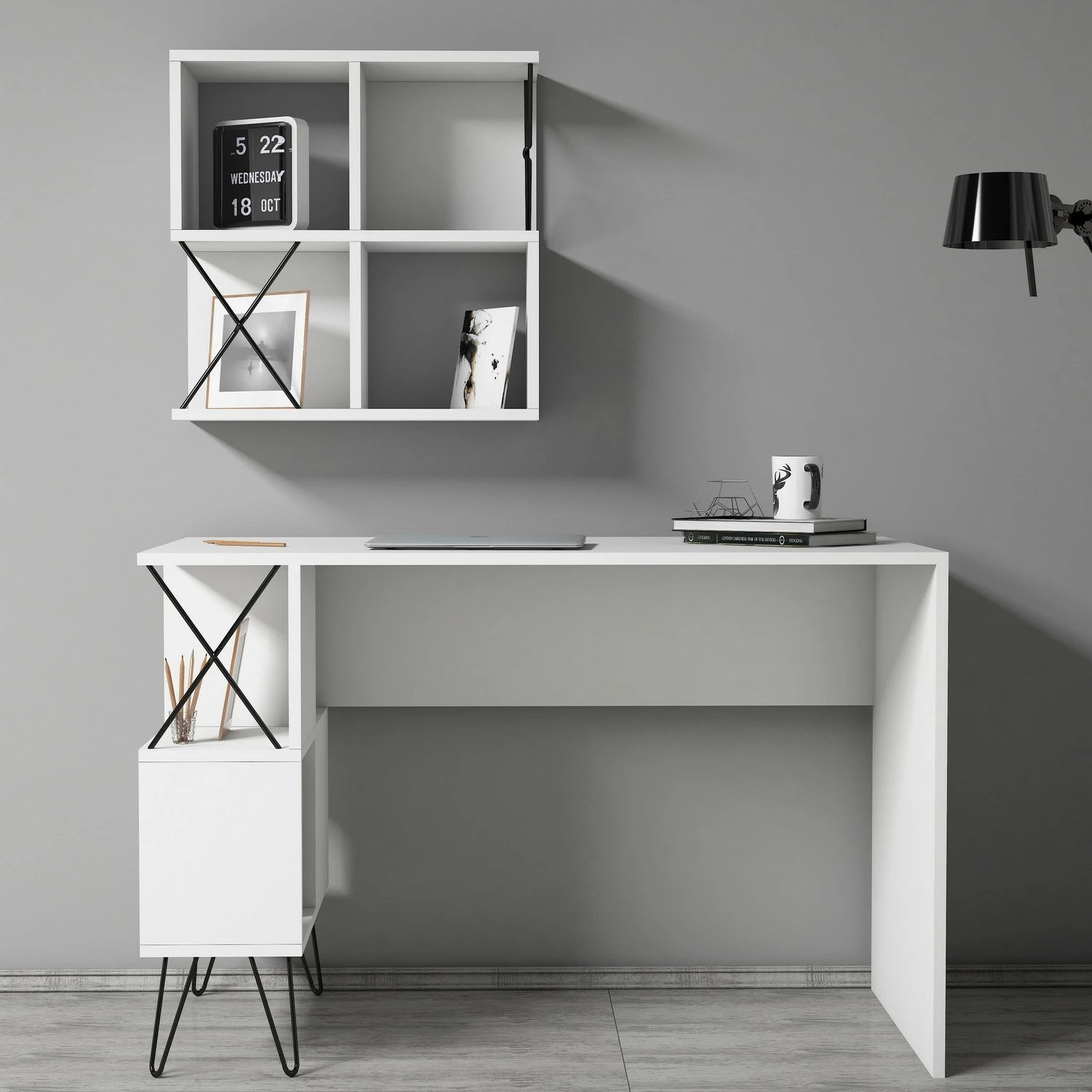 Tavolinë studimi moderne, e bardhë/zezë, Skye Decor, Extra 2, me rafte muri