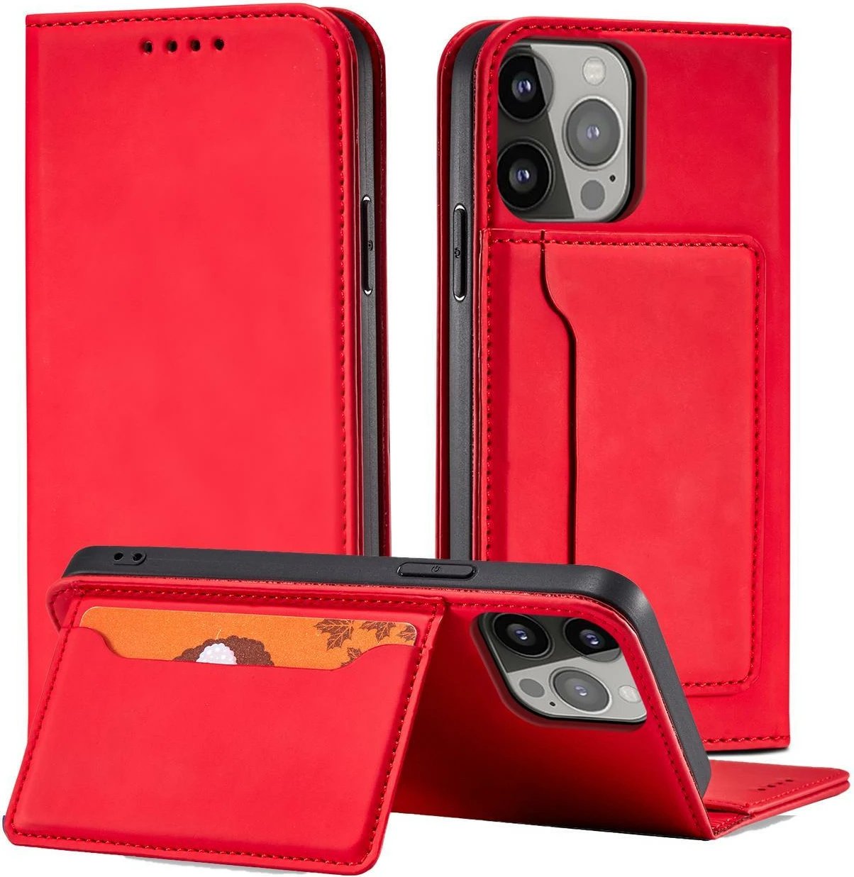 Mbështjellës magnetik Hurtel për iPhone 13 Pro Max, me kapak, xhep për karta, i kuq
