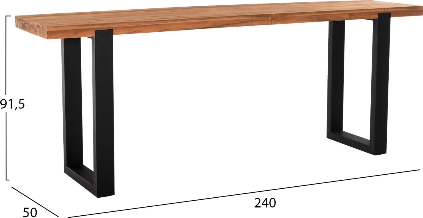 Konsolë SHIRE, dru TEAK i ricikluar, këmbë metalike të zeza, 240x50x90H cm