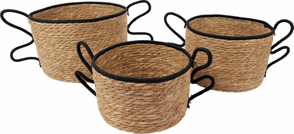 Set shporta Aelia 3 copë, kashtë deti, natyrale/zezë, 35x35x23cm