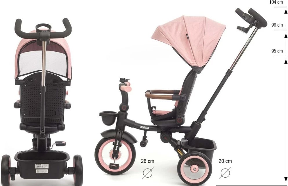 tricikël fëmijësh, Milly Mally Twinkle, sedilje rrotulluese 180°, timon prindëror i rregullueshëm, dritë LED, 12+ muaj, rozë