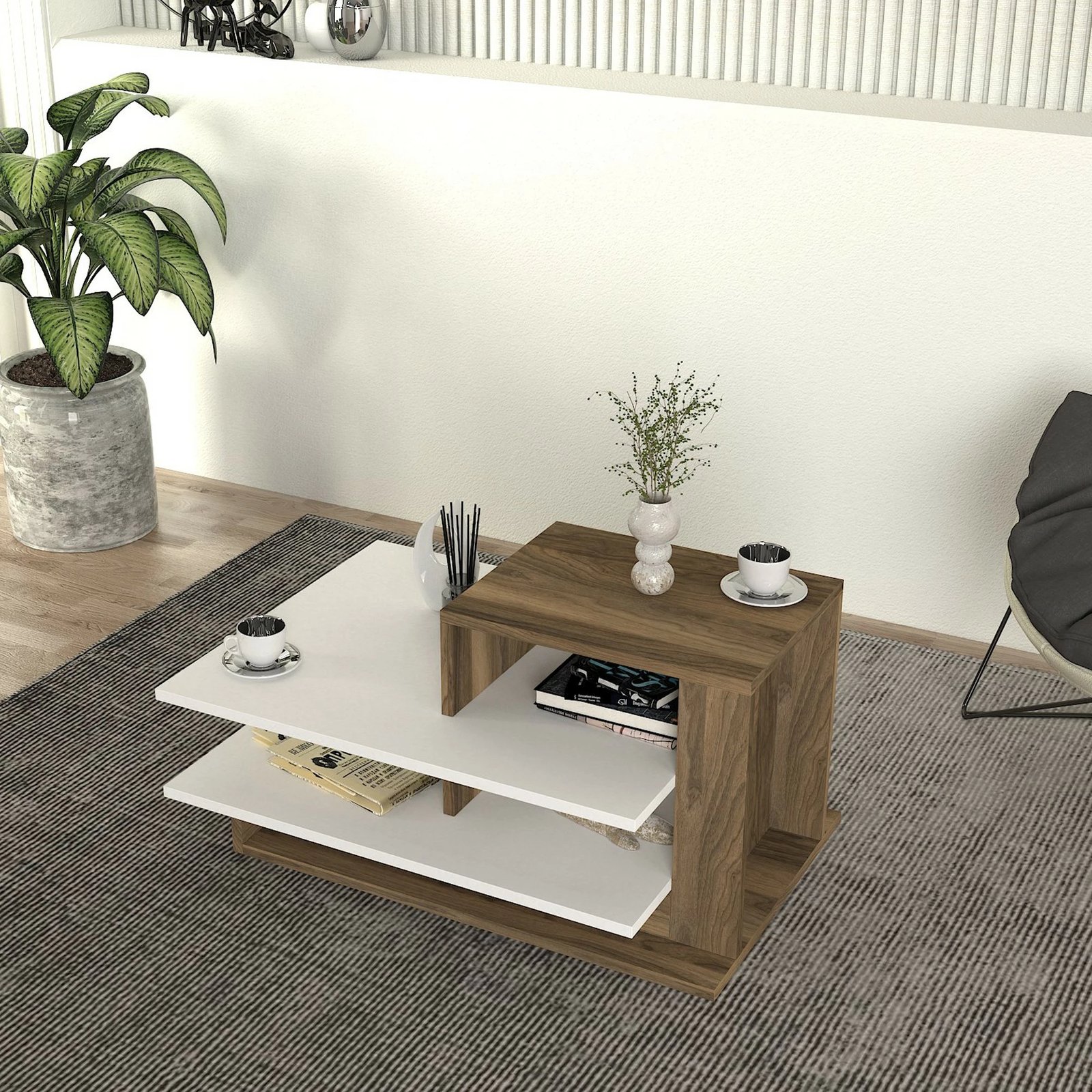 Tavolinë e ulët Skye Decor, Venüs, e bardhë dhe arre