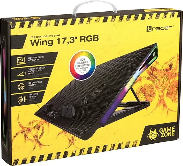 Ftohës laptopi, Tracer, TRASTA46405 Gamezone Wing, 17.3 inch, RGB LED 7 mënyra, ventilator 185 mm deri 800 rpm, 5 kënde + panel LCD 6 shpejtësi, USB hub 2 porta, i zi