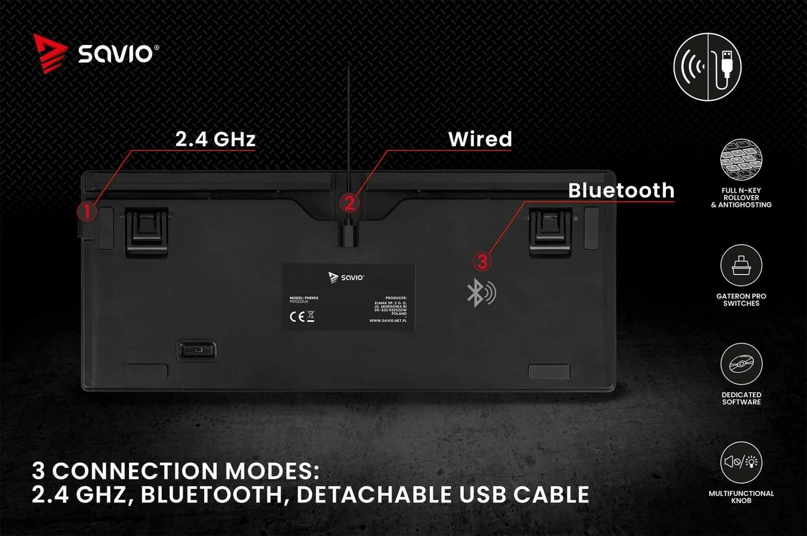 Tastierë mekanike wireless Savio Phenix, Gateron Red Pro, 82 taste, RGB, e zezë Tastierë mekanike wireless Savio Phenix, Gateron Red Pro, 82 taste, RGB, e zezë