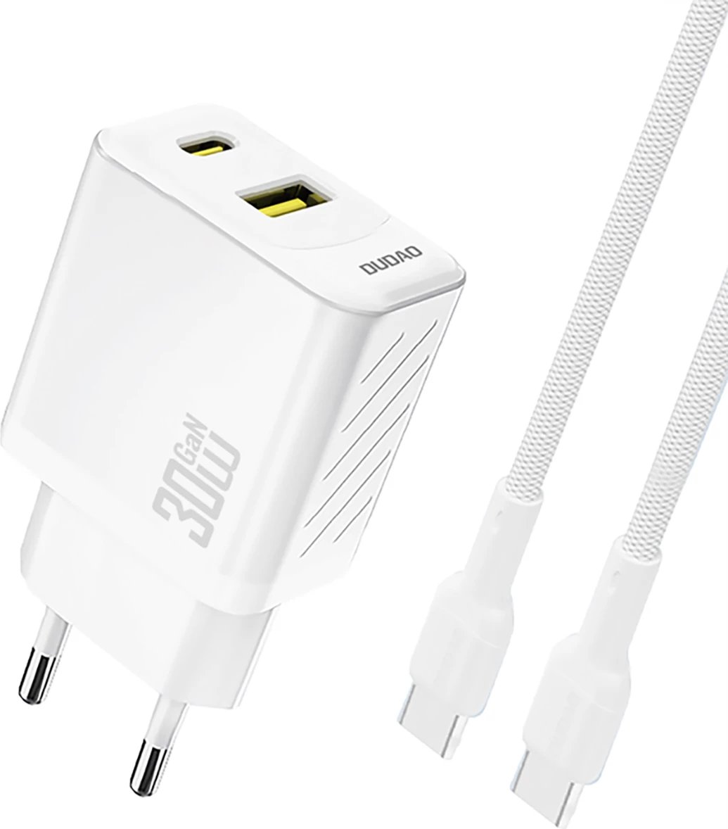Karikues muri GaN, Dudao A27TCEU, PD 30W, 2 porta USB-C + USB-A, me kabllo USB-C 1 m, bardhë