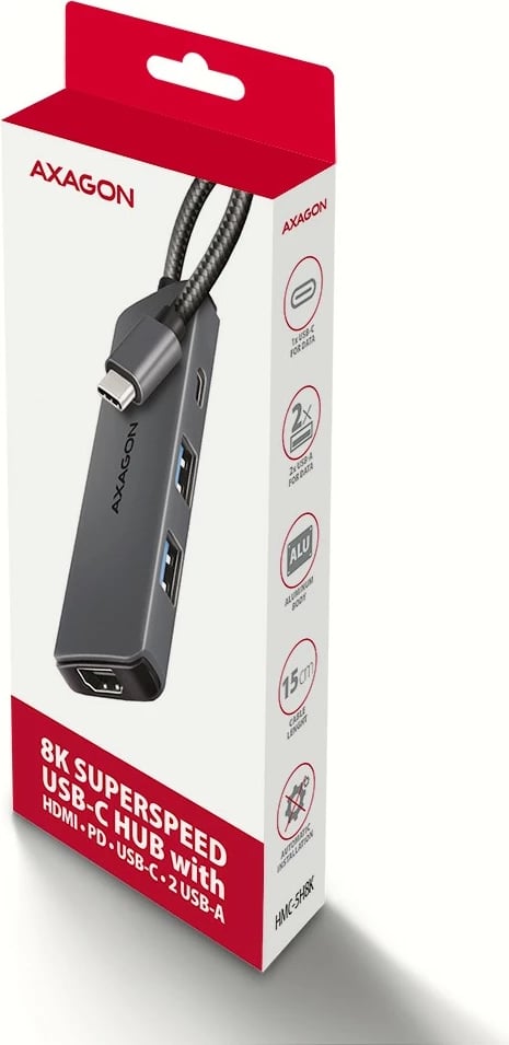 Kasë portesh AXAGON HMC-5H8K, 5in1, 5Gbps, 2x USB-A, 1x USB-C, HDMI 8K/30Hz, PD 100W, Gri