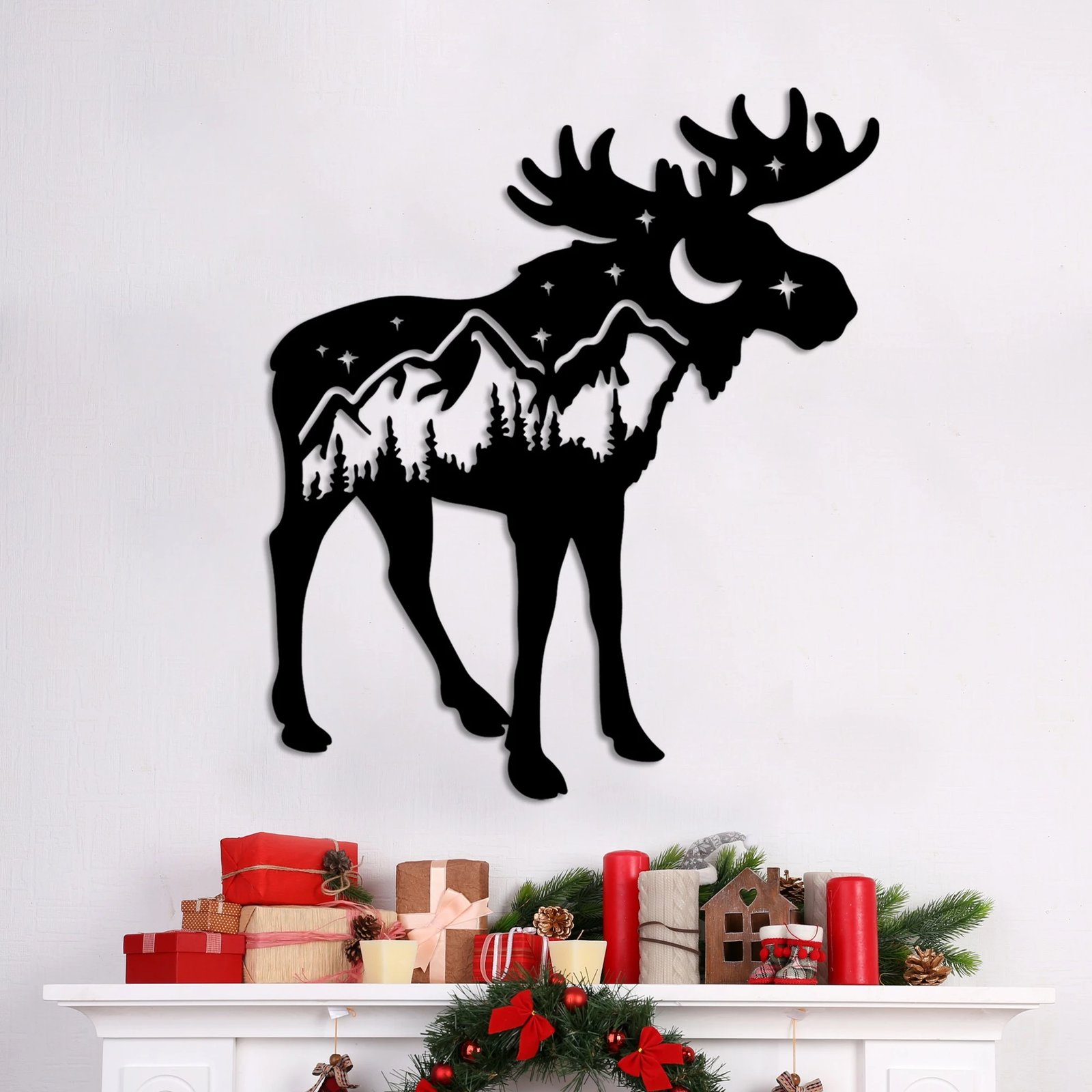 Aksesor dekorativ metalik për mur, Wallity, Cervo-1, ngjyrë e zezë, 60x69cm