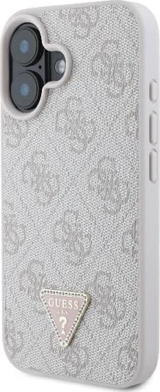 Mbështjellës Guess Leather Metal Logo Strass për iPhone 16, Rozë