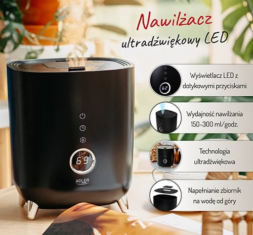 Lagështues ultrasonik, Adler, AD 7972, depozitë 4L, kapacitet 150-300 ml/orë, zonë deri 35 m2, ekran LED me touch, timer, aromaterapi, i zi