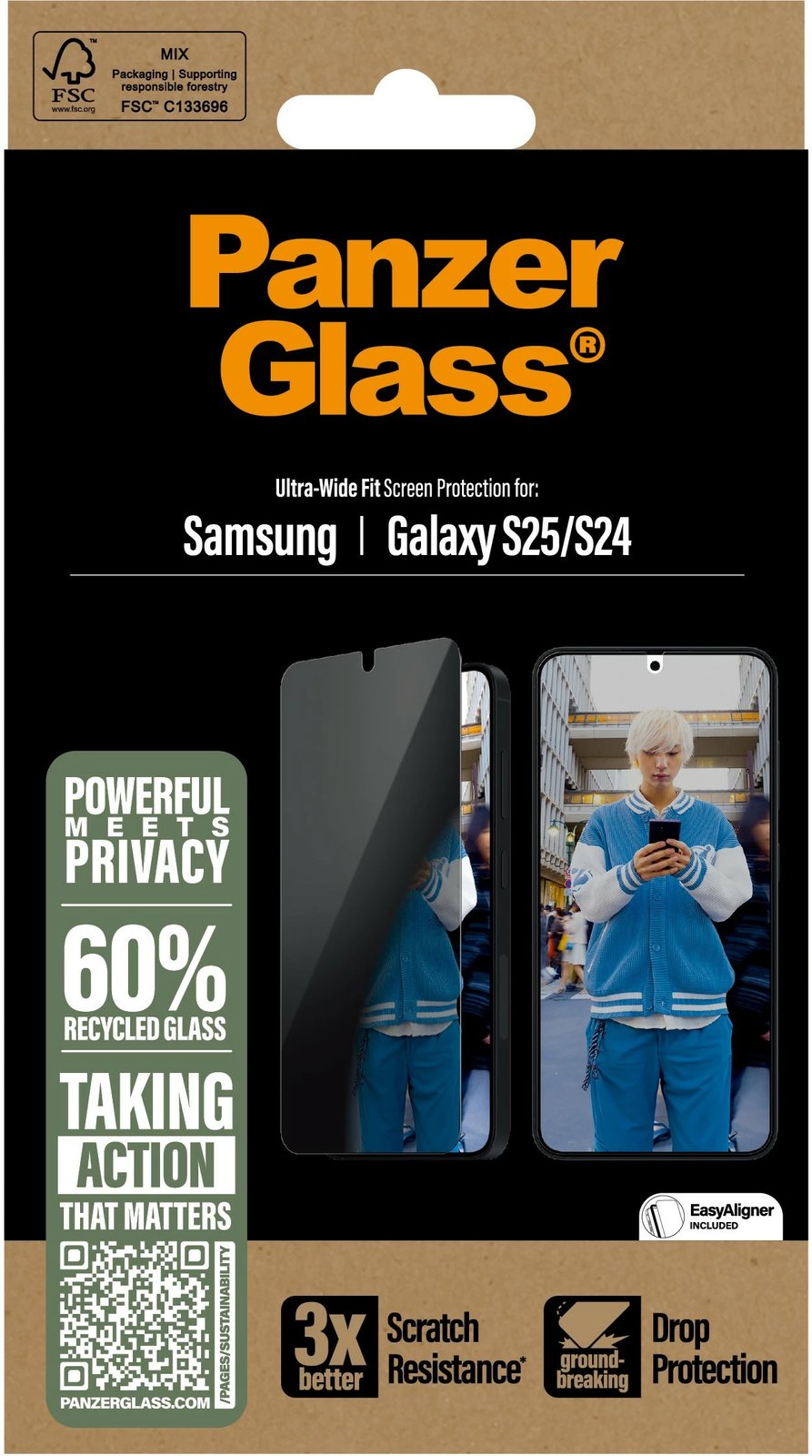 Mbështjellës ekrani PanzerGlass për Samsung Galaxy S25, privacy, transparent
