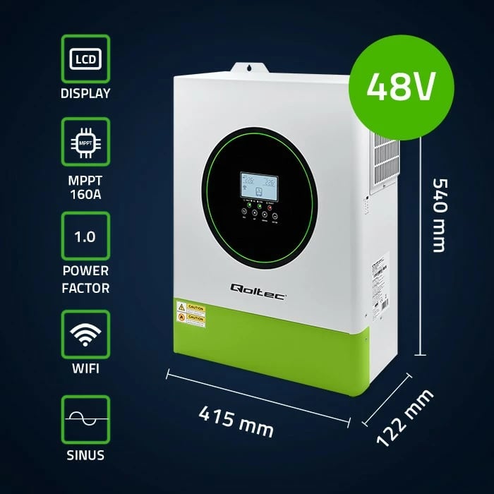 Inverter solar hibrid Qoltec 53862, 11000W, 160A, 48V, MPPT, BMS, Sinus, Wi-Fi, Gjelbër/Bardhë