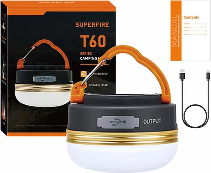 Llambë kampingu SuperFire T60, 2.5 W, bateri 1000 mAh, LED, IP44, 127 lm, me varëse dhe USB, e bardhë, set me kabllo USB