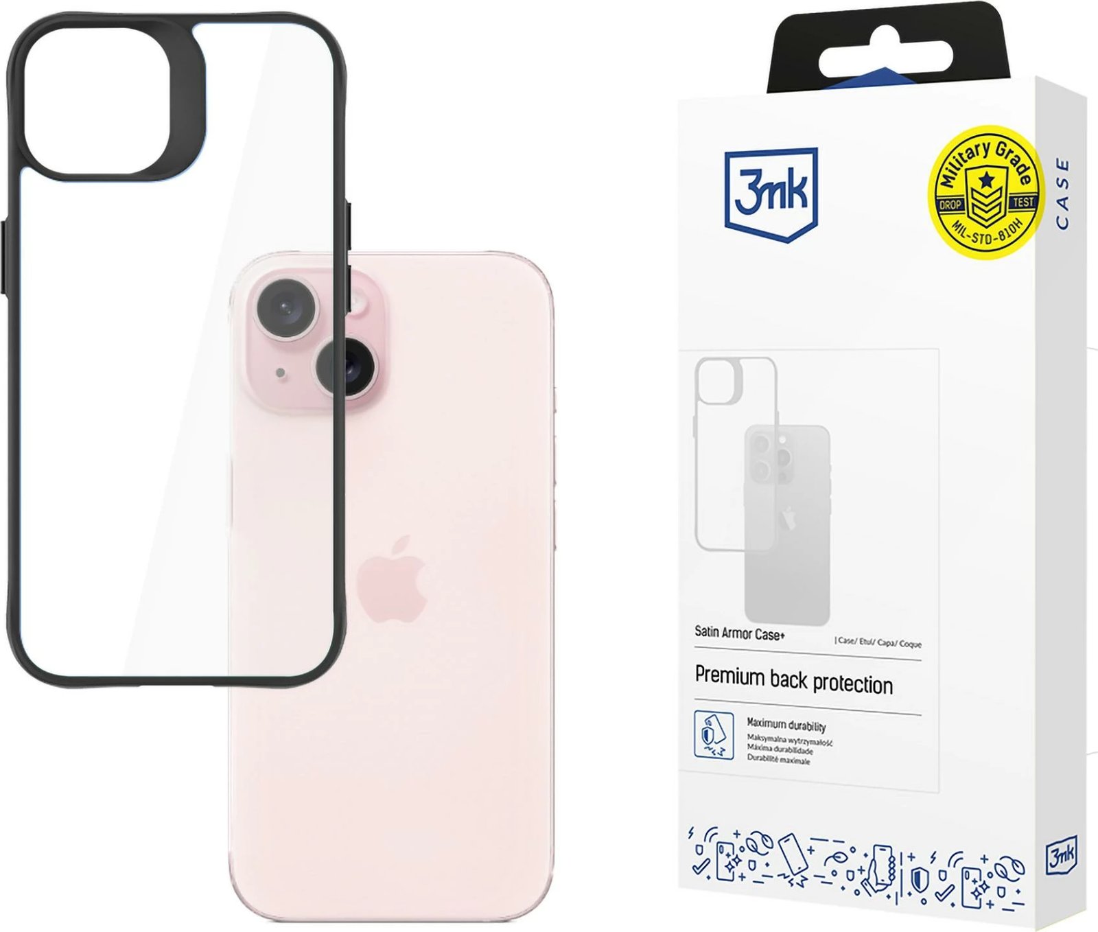 Mbështjellës 3mk Satin Armor Case+ për iPhone 15, Transparent/zi
