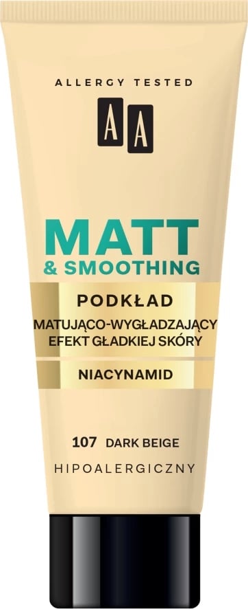 Fondatinë për femra AA Make Up Matt Foundation Mattifying and Smoothing 107 Dark Beige, 30ml
