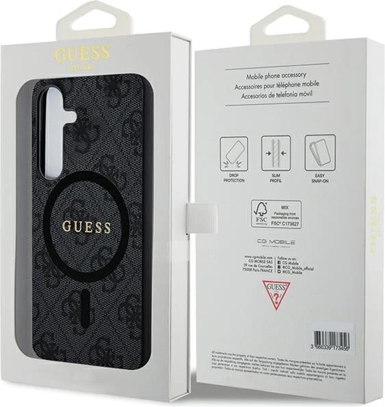Mbështjellës Guess 4G Collection Leather Metal Logo, MagSafe, hardcase TPU/PC me lëkurë eko për Samsung Galaxy S24, i zi