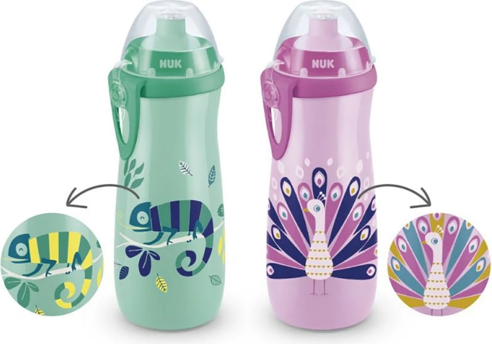 Shishe sportive për fëmijë, NUK, Sports Cup Chameleon Peacock, 450 ml, rozë
