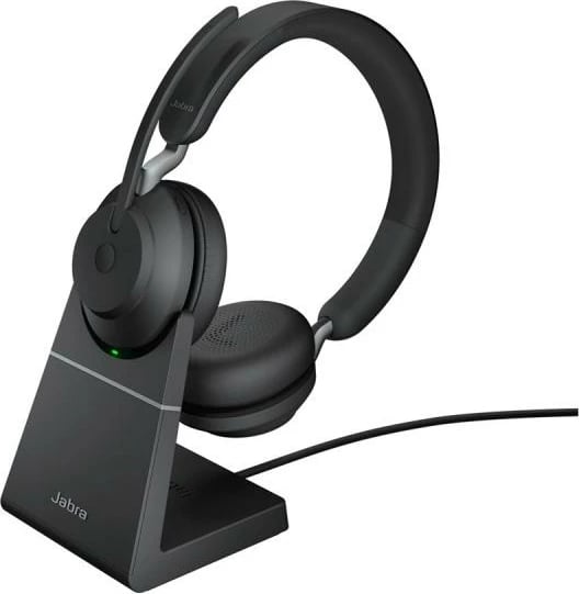Kufje me mikrofon Jabra Evolve2 65 UC, stereo on-ear, pa tela, rreze 30m, bateri 37h, kabllo 1m, e zezë