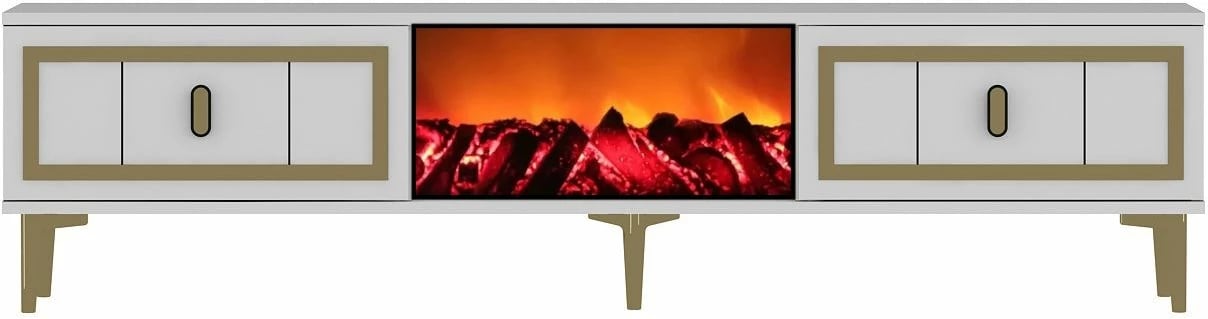 Komodë TV Skye Decor, me oxhak Orion, e bardhë dhe e artë