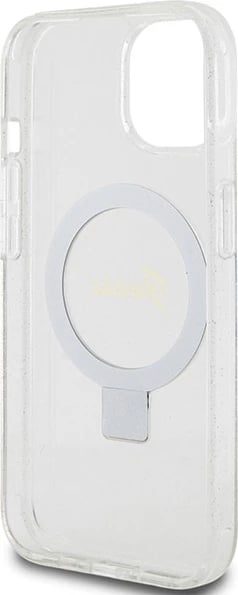 Mbështjellës Guess Ring Stand Script Glitter MagSafe për iPhone 15/14/13, transparent