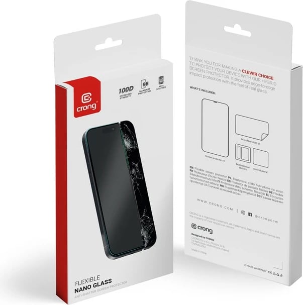Xham mbrojtës hibrid CRONG Nano Glass 100D për iPhone 16 / iPhone 15