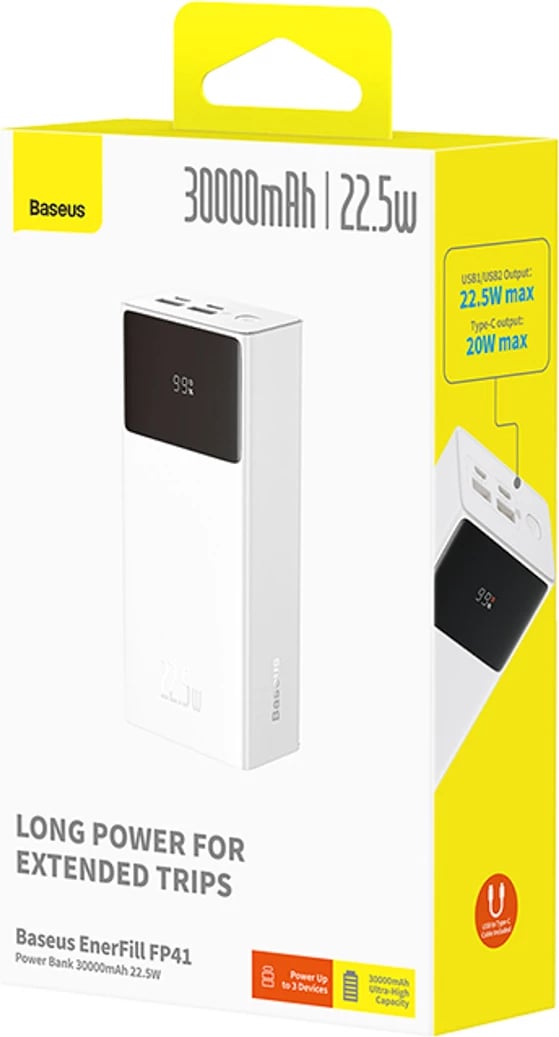 Powerbank Baseus EnerFill FP41, 30000mAh, 22.5W, me kabllo USB-A në USB-C, Bardhë
