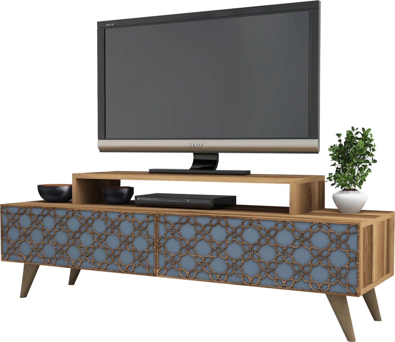 Stendë TV melamine, ngjyrë arre dhe qiellore, FH9510.02, 140x41.8x48.8H cm