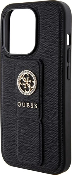 Mbështjellës Guess Grip Stand 4G Saffiano Strass për iPhone 15 Pro Max, i zi