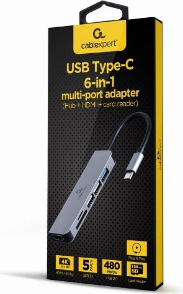 Adapter multiport USB-C Gembird A-CM-COMBO6-02, 6-në-1, HDMI, USB 3.1, USB 2.0x2, Lexues kartelash, Zi/Argjend