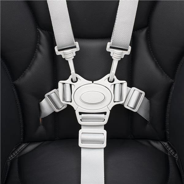 Karrige e lartë për bebe, NEW BABY Iris, shpinore 6 pozicione, lartësi 5 nivele, rripa sigurie 5-pikësh, tabaka dyshe, mbulesë eko-lëkurë, e zezë