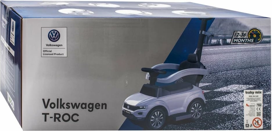 makinë shtytëse fëmijësh Baby Mix Volkswagen T-ROC me dorezë drejtuese me mbajtëse shisheje, borinë dhe melodi, sedilje me hapësirë, për 12-36 muaj, e bardhë