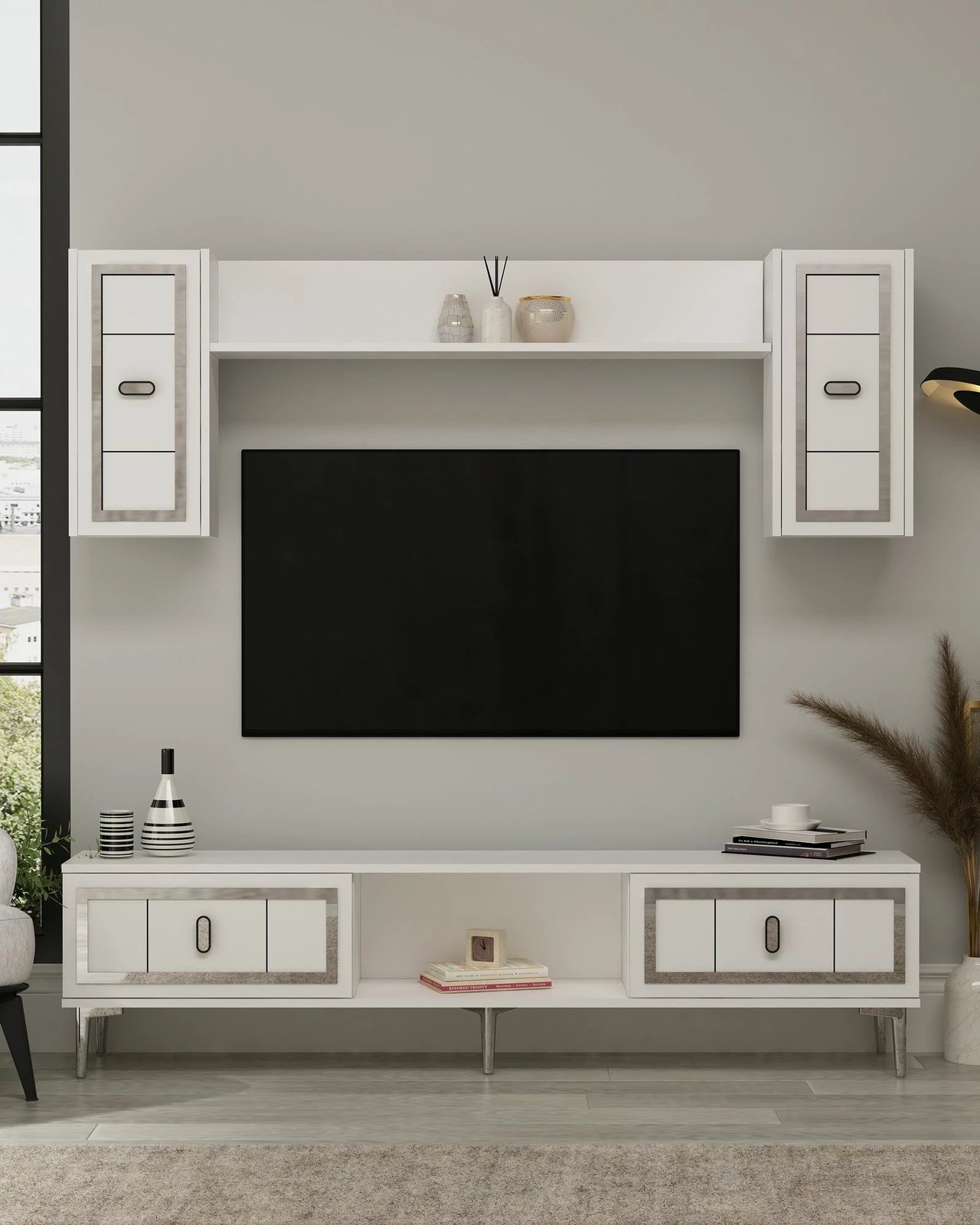 Komodë TV Skye Decor, e bardhë, argjend