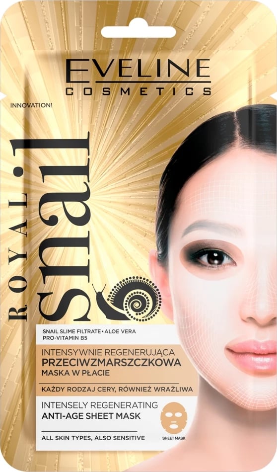 Maskë fletë për fytyrë Eveline Cosmetics Royal Snail Intensively Regenerating Anti-Wrinkle për femra, 1 copë