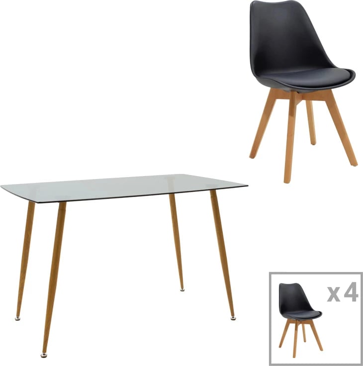 Set tavoline me karrige Chloe-Gaston, xham antracit 8mm, këmbë natyrale, 120x70x75cm, 5 copë