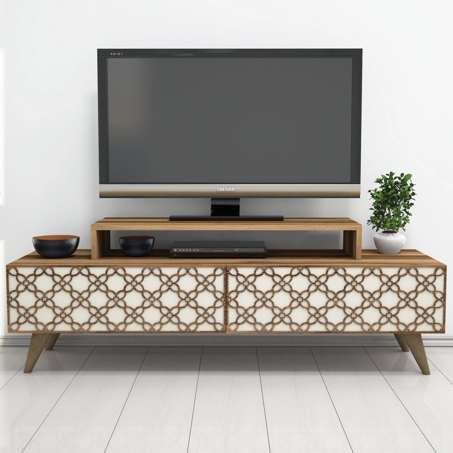 Stendë TV melamine, ngjyrë arre dhe krem, FH9510.03, 140x41.8x48.8 cm